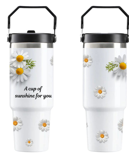 Two insulated travel mugs with daisy flower designs and text on a white background