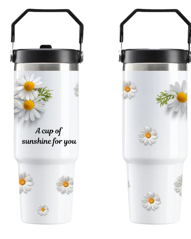 Two insulated travel mugs with daisy flower designs and text on a white background