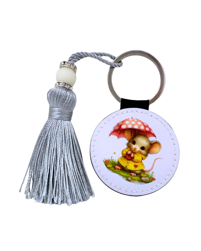 Round Keyring with tassel and a mouse in the rain design