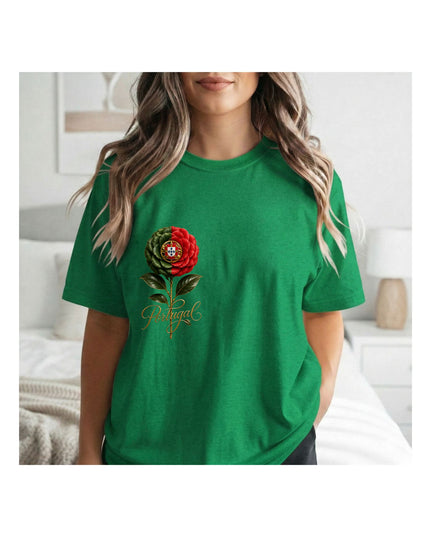  a green t-shirt with a red rose design 