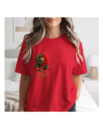  a red t-shirt with a rose design and text