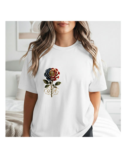 a white t-shirt with a colorful rose design and 'love' text.
