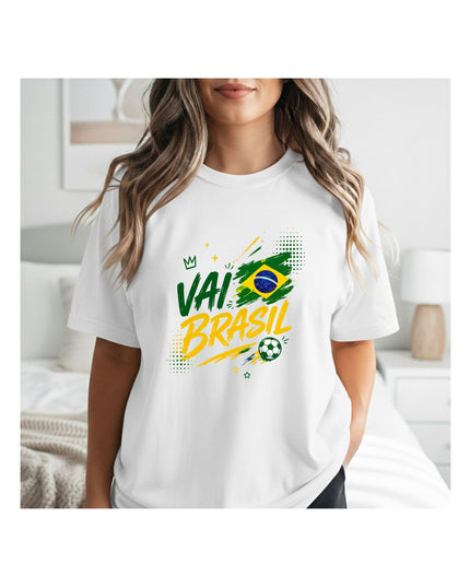  a white t-shirt with Vai Brasil graphic design.