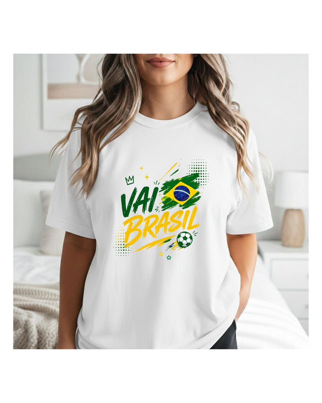  a white t-shirt with Vai Brasil graphic design.