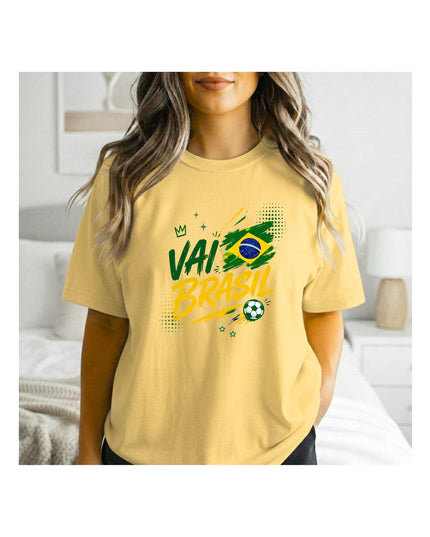 a yellow t-shirt with 'Vai Brasil' and Brazilian flag design.