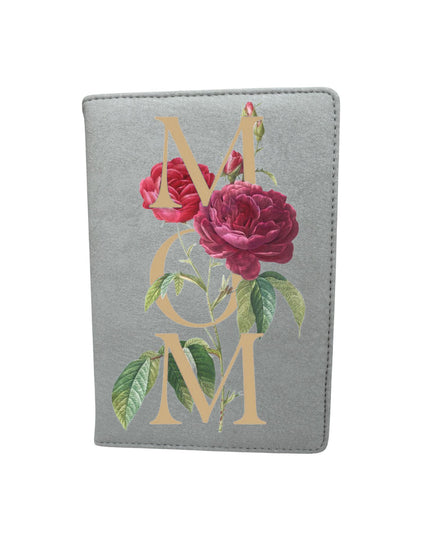 Gray passport holder with floral design and 'MOM' text on a white background