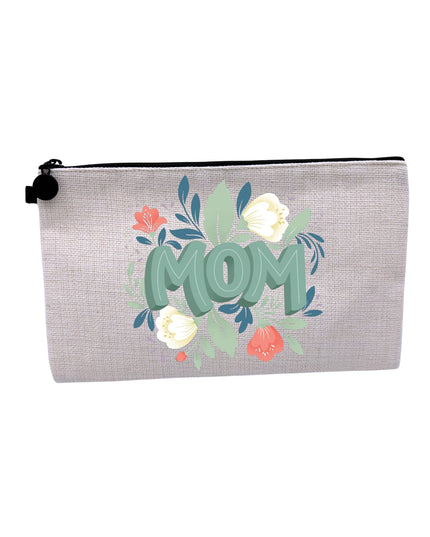 Pencil case with 'MOM' and floral design on a white background