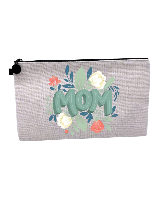 Pencil case with 'MOM' and floral design on a white background