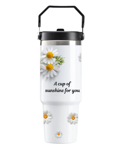 Tumbler with daisy flowers and text 'A cup of sunshine for you' on a white background
