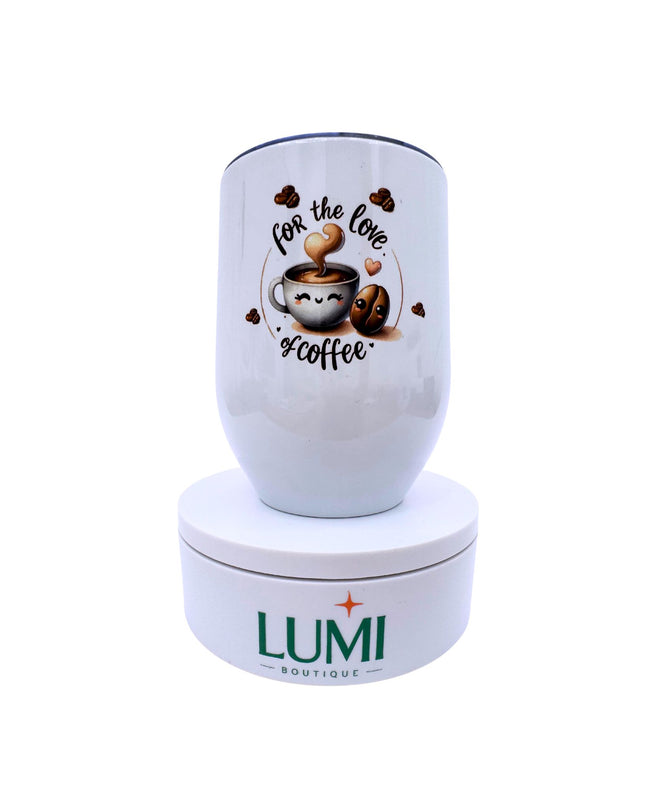 White tumbler with 'For the Love of Coffee' design on a white background, featuring the Lumi Boutique logo.