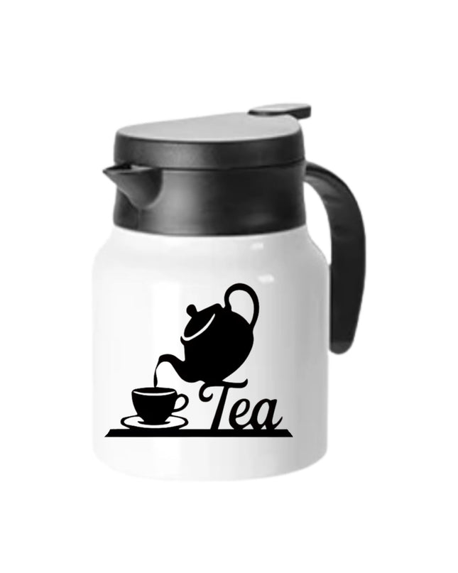 White pitcher with black lid and 'Tea' design on a white background