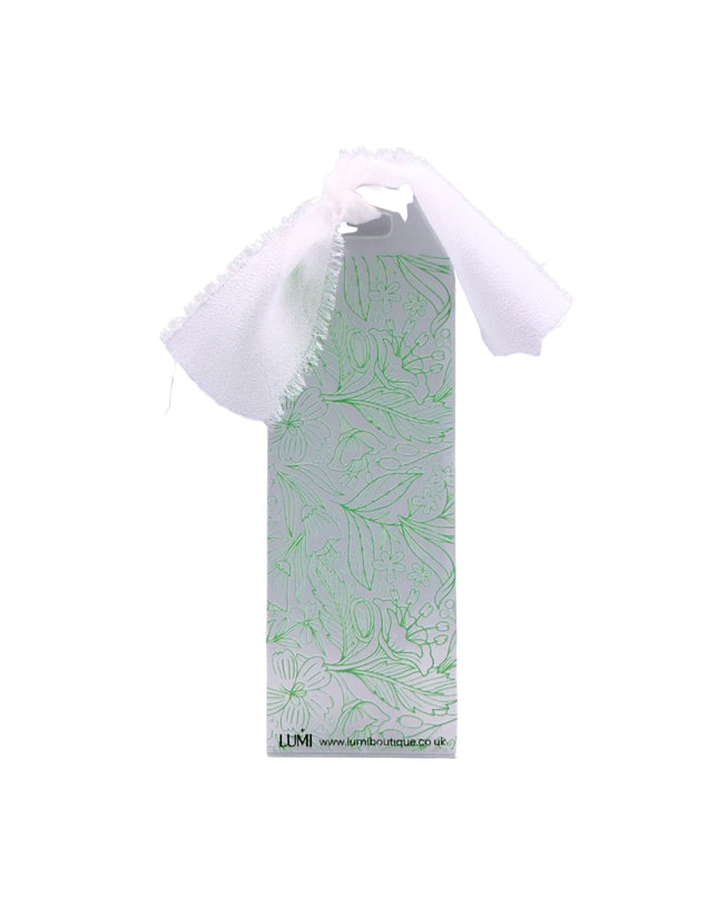 White scarf with green leaf pattern on a white background