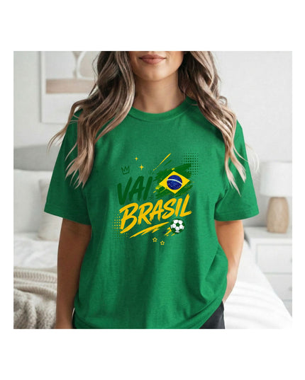  a green t-shirt with 'Vai Brasil' and Brazilian flag design.