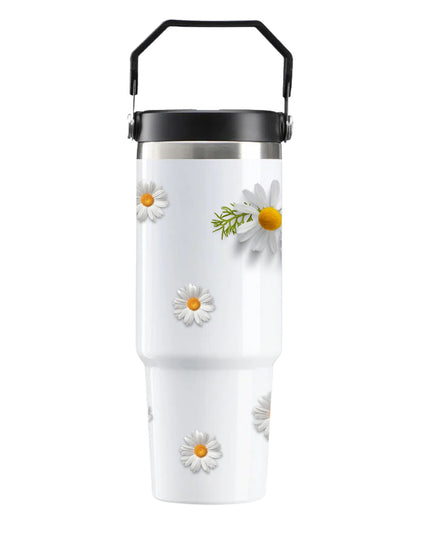 White tumbler with daisy flower designs on a white background
