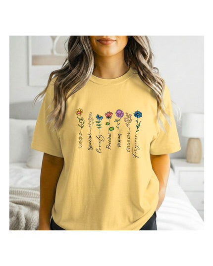  a Yellow t-shirt with a colorful design and text.