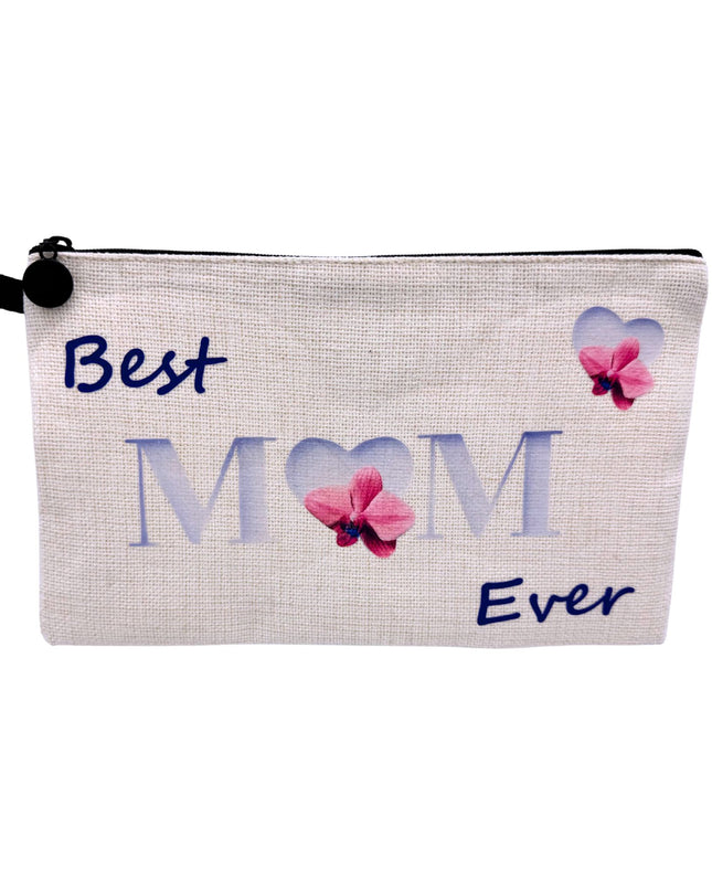 Linen Cosmetic Pouch with 'Best Mom Ever' text and floral design