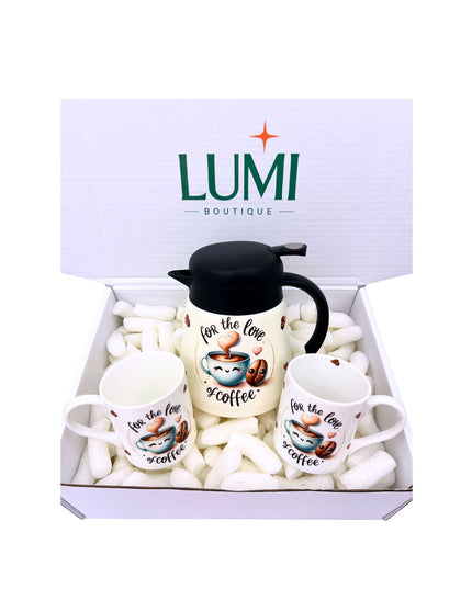LUMI Boutique gift set with mugs and a kettle in a box