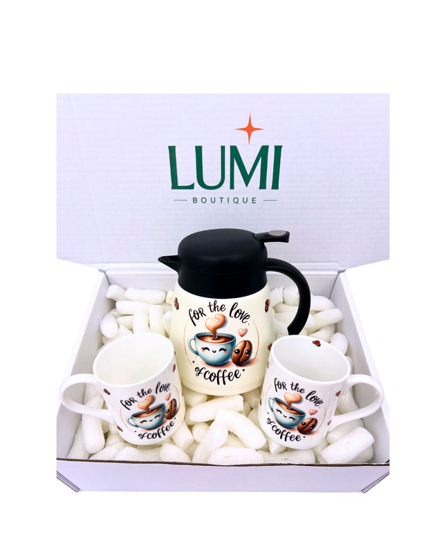 LUMI Boutique gift set with mugs and a kettle in a box