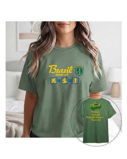 Green t-shirt with yellow text and graphics , with a close-up of the shirt 