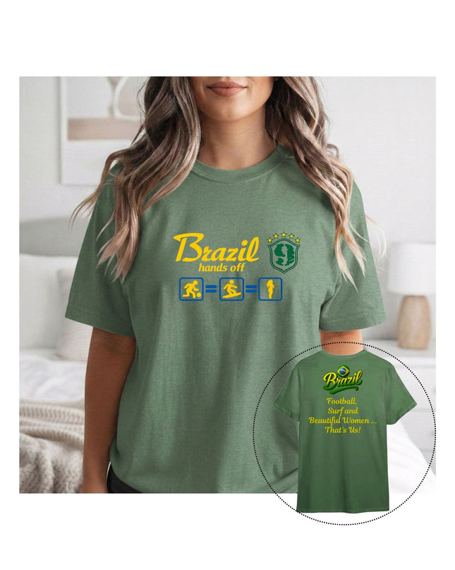 Green t-shirt with yellow text and graphics , with a close-up of the shirt 