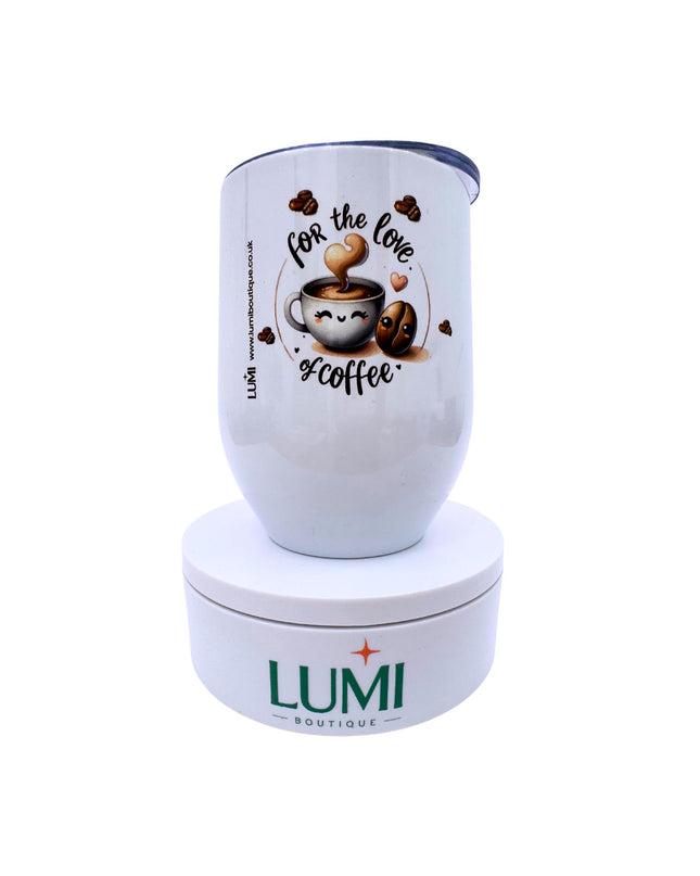 White tumbler with coffee-themed design and LUMI Boutique branding on a white background
