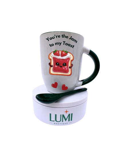 Elegant mug with a Happy toast and 'You're the Jam to my Toaste' text design 12oz