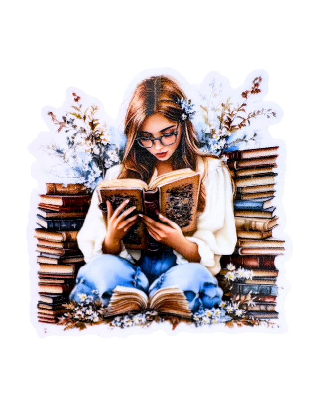Illustration of a woman reading a book surrounded by books with a floral background