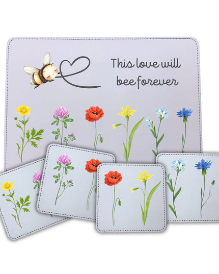 COASTER with a Floral design and PLACEMAT with a Floral, bee and 'This love will bee forever' design