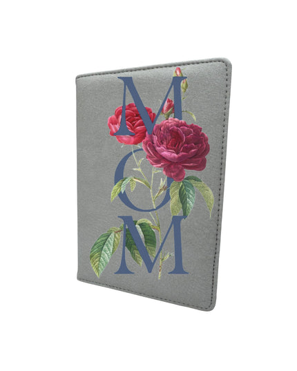 Gray passport holder with floral design and 'MOM' text on a white background