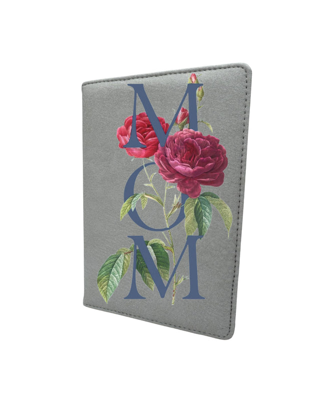 Gray passport holder with floral design and 'MOM' text on a white background