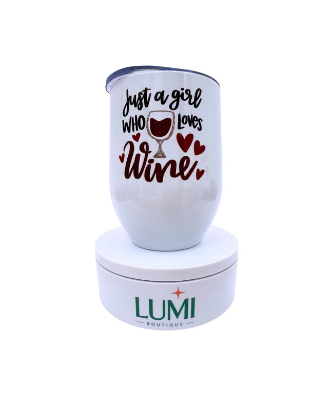 White tumbler with 'Just a girl who loves wine' text and LUMI Boutique branding on a white background