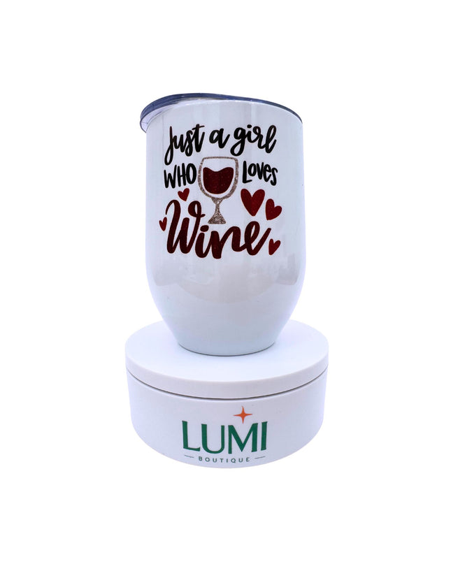 White tumbler with 'Just a girl who loves wine' text and LUMI Boutique branding on a white background
