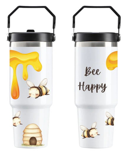 Two insulated travel mugs with bee-themed designs on a white background