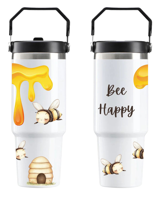 Two insulated travel mugs with bee-themed designs on a white background