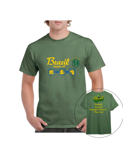 Green t-shirt with yellow text and graphics 