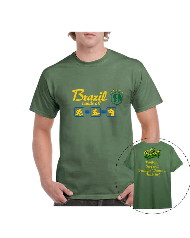 Green t-shirt with yellow text and graphics 