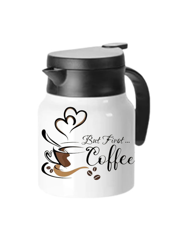 White thermos with black lid and handle, featuring a coffee-themed design and text on a white background.