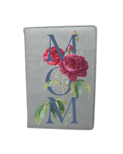 Gray passport holder with floral design and 'MOM' text on a white background