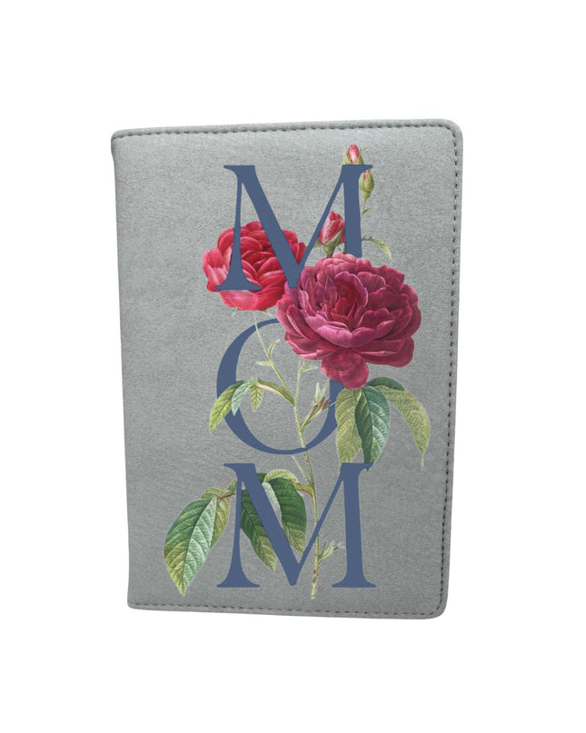 Gray passport holder with floral design and 'MOM' text on a white background