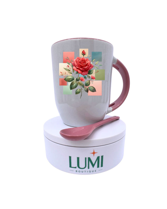 Mug with floral design, spoon, and LUMI Boutique container on a white background