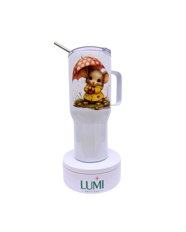 Deluxe white tumbler with a mouse in the rain design 25oz