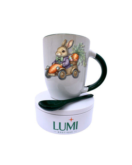 Mug with rabbit design and spoon in LUMI container on white background