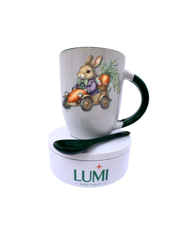 Mug with rabbit design and spoon in LUMI container on white background