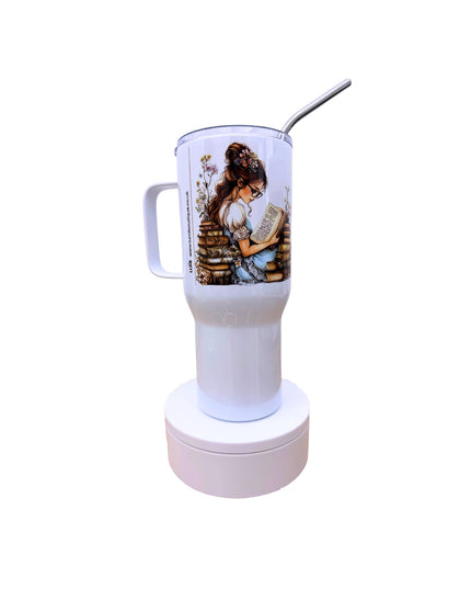 Deluxe white tumbler with a woman reading book design 25oz