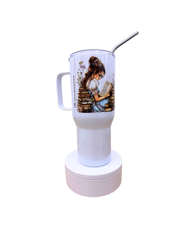 Deluxe white tumbler with a woman reading book design 25oz