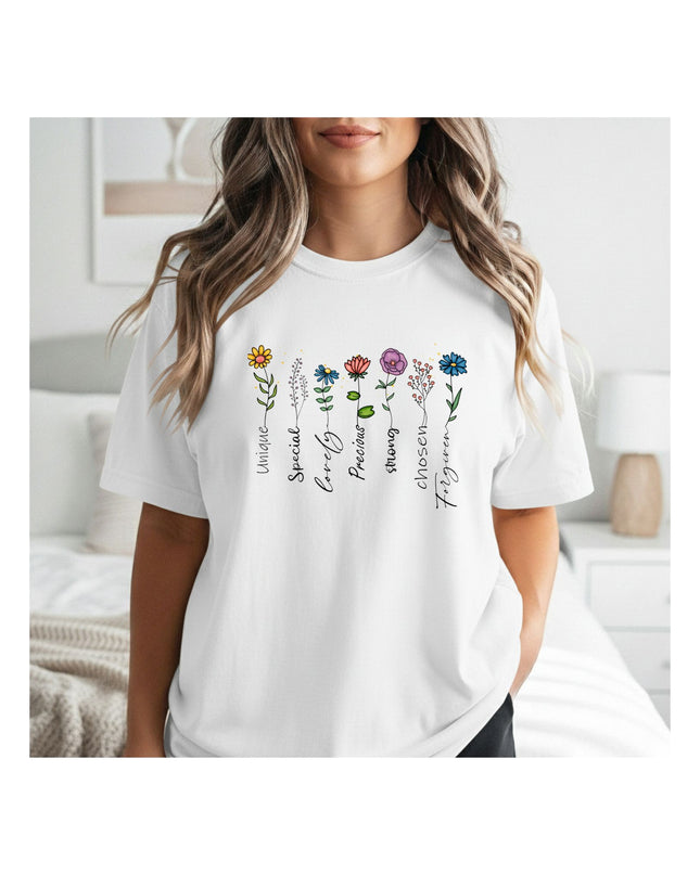 a white t-shirt with a colorful design and text.