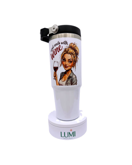 Deluxe white tumbler with a woman holding a coffee cup and a glass of wine design 30oz