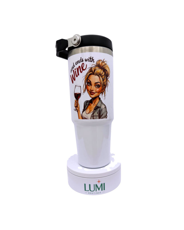 Deluxe white tumbler with a woman holding a coffee cup and a glass of wine design 30oz