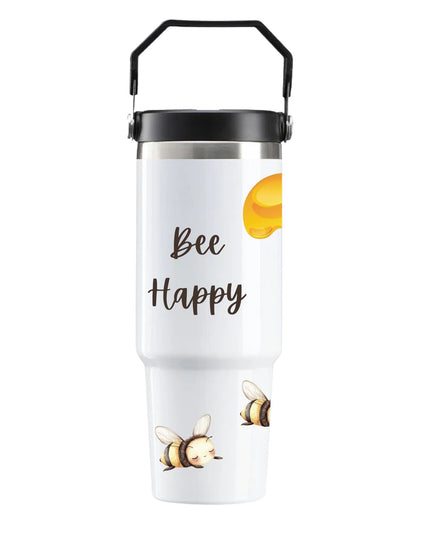 White tumbler with black handle featuring 'Bee Happy' text and bee illustrations on a white background
