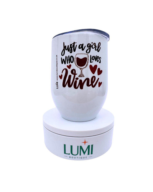 White tumbler with 'Just a girl who loves wine' text and hearts, branded LUMI Boutique, on a white background